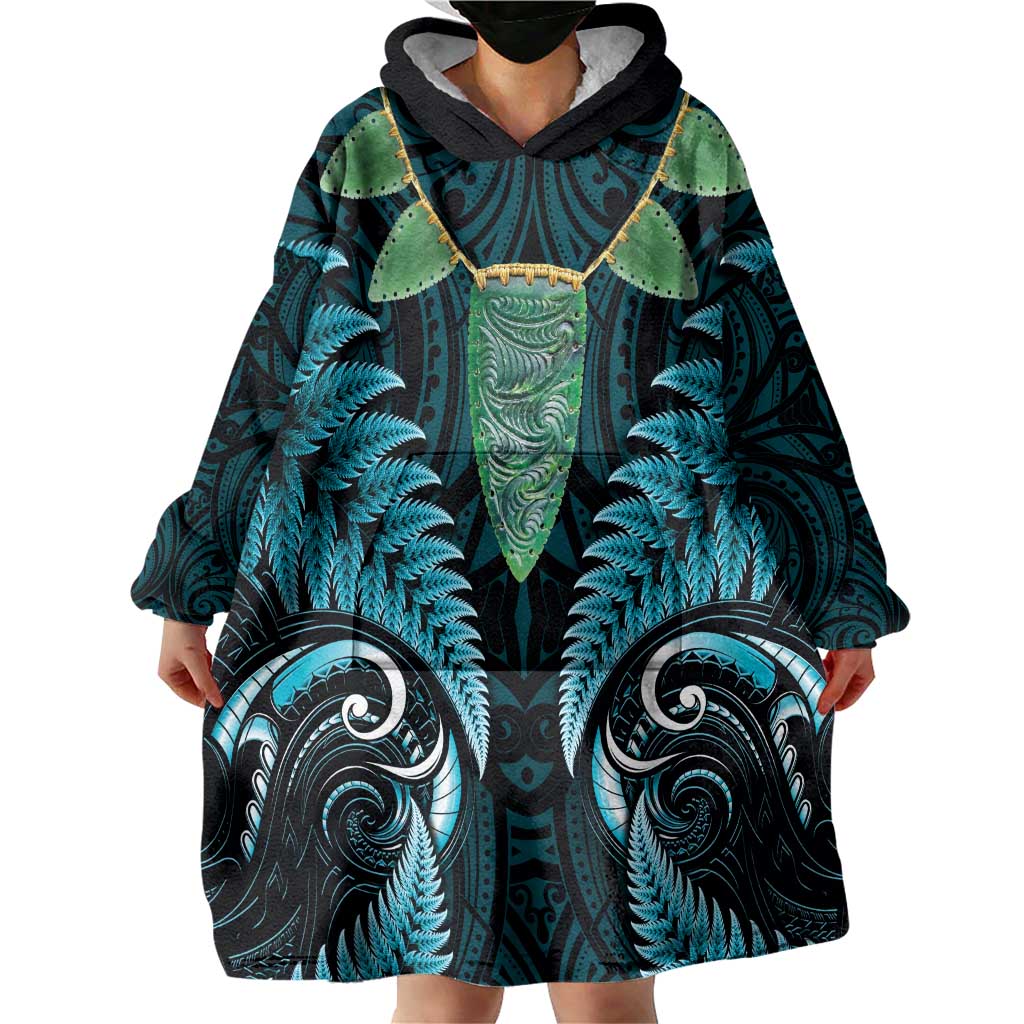 Aotearoa Pounamu Niho Wearable Blanket Hoodie Silver Fern Mix Maori Pattern - Turquoise LT14 - Polynesian Pride