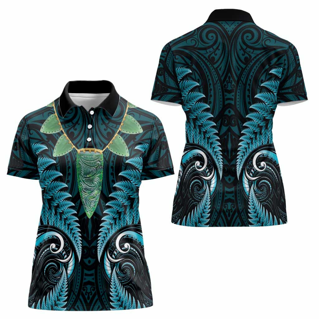 Aotearoa Pounamu Niho Women Polo Shirt Silver Fern Mix Maori Pattern - Turquoise