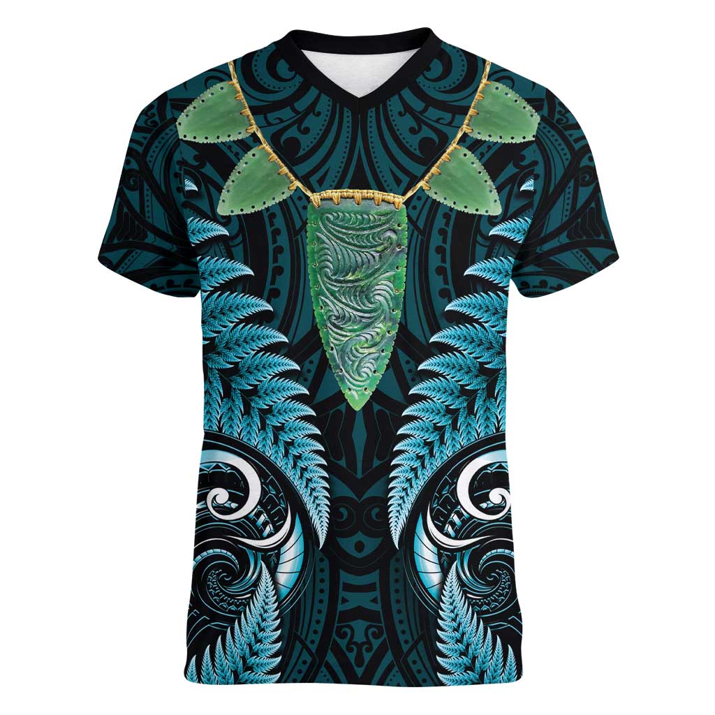 Aotearoa Pounamu Niho Women V-Neck T-Shirt Silver Fern Mix Maori Pattern - Turquoise LT14 Female Turquoise - Polynesian Pride