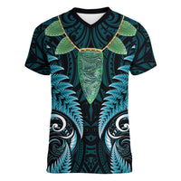 Aotearoa Pounamu Niho Women V-Neck T-Shirt Silver Fern Mix Maori Pattern - Turquoise LT14 Female Turquoise - Polynesian Pride
