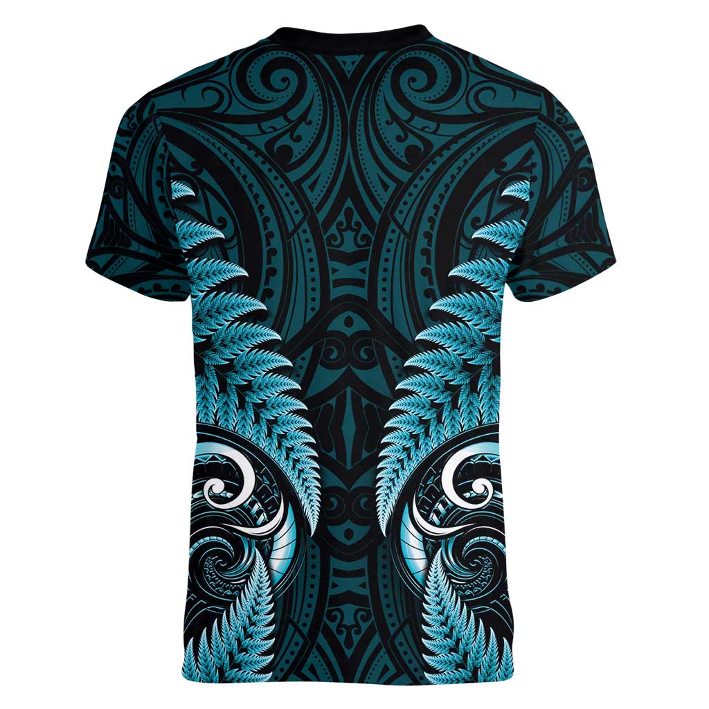 Aotearoa Pounamu Niho Women V-Neck T-Shirt Silver Fern Mix Maori Pattern - Turquoise LT14 - Polynesian Pride