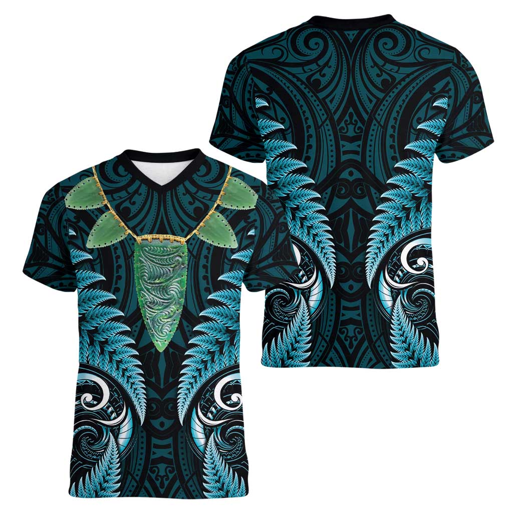 Aotearoa Pounamu Niho Women V-Neck T-Shirt Silver Fern Mix Maori Pattern - Turquoise LT14 - Polynesian Pride