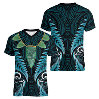 Aotearoa Pounamu Niho Women V-Neck T-Shirt Silver Fern Mix Maori Pattern - Turquoise LT14 - Polynesian Pride
