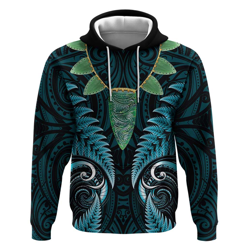 Aotearoa Pounamu Niho Zip Hoodie Silver Fern Mix Maori Pattern - Turquoise