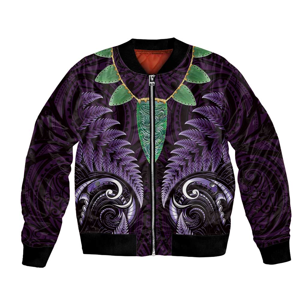 Aotearoa Pounamu Niho Bomber Jacket Silver Fern Mix Maori Pattern - Purple LT14 Unisex Purple - Polynesian Pride