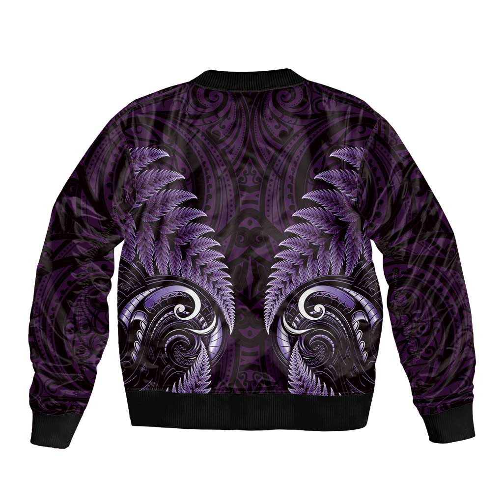 Aotearoa Pounamu Niho Bomber Jacket Silver Fern Mix Maori Pattern - Purple LT14 - Polynesian Pride