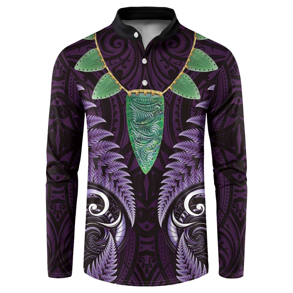 Aotearoa Pounamu Niho Button Sweatshirt Silver Fern Mix Maori Pattern - Purple LT14 Purple - Polynesian Pride