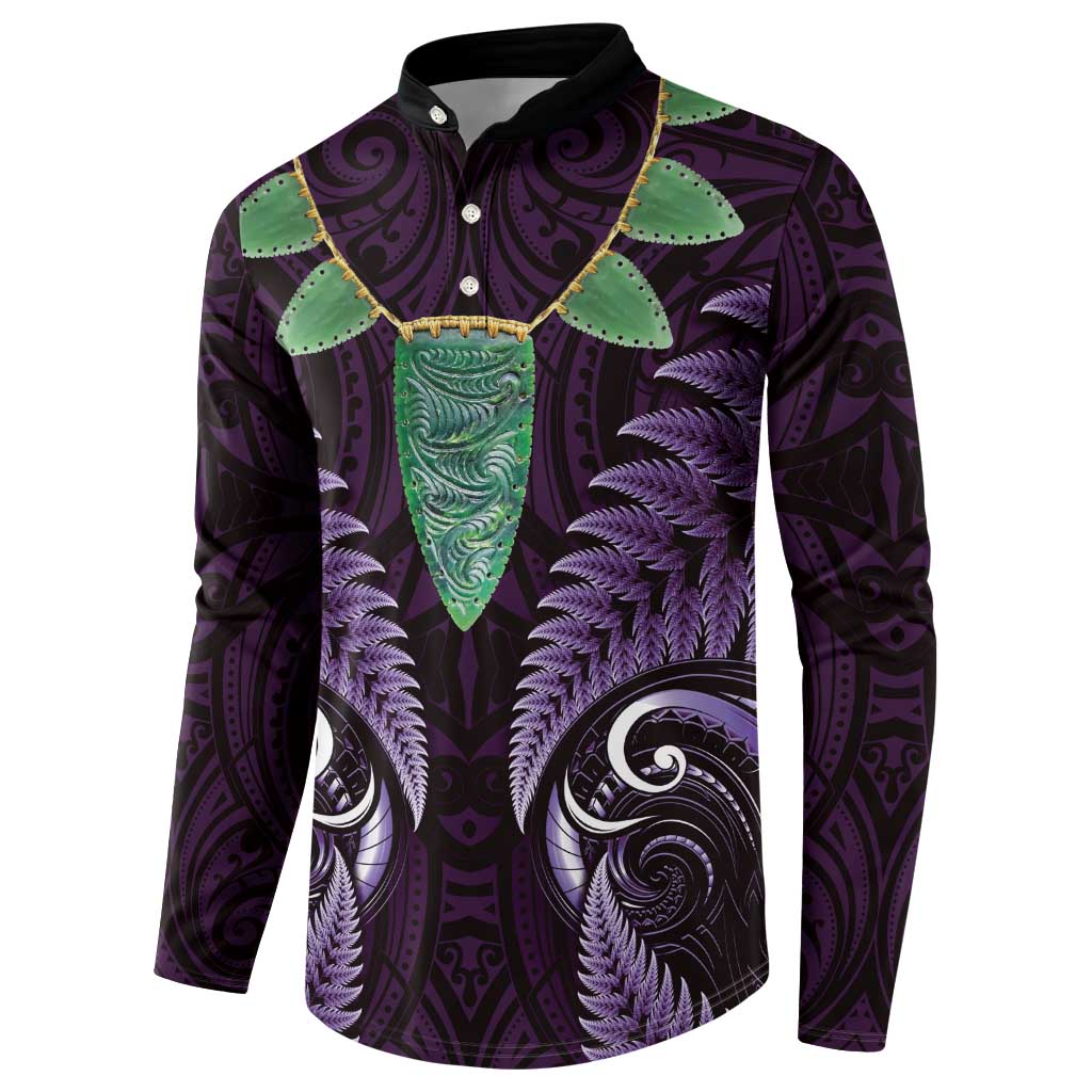 Aotearoa Pounamu Niho Button Sweatshirt Silver Fern Mix Maori Pattern - Purple LT14 - Polynesian Pride