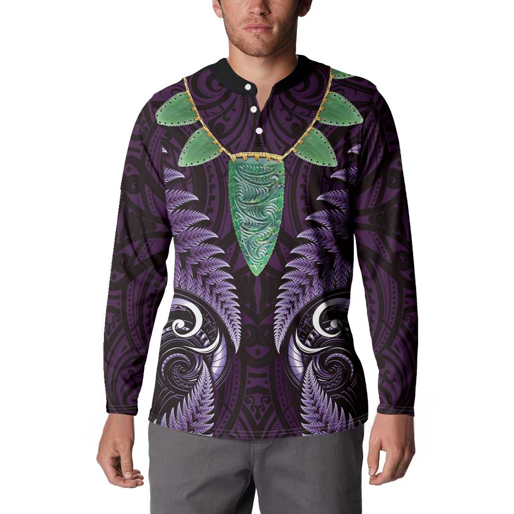 Aotearoa Pounamu Niho Button Sweatshirt Silver Fern Mix Maori Pattern - Purple LT14 - Polynesian Pride
