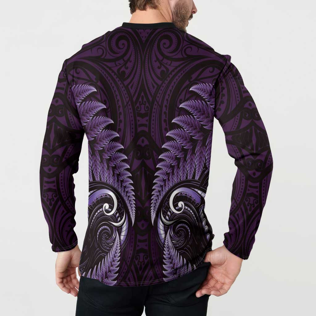 Aotearoa Pounamu Niho Button Sweatshirt Silver Fern Mix Maori Pattern - Purple LT14 - Polynesian Pride