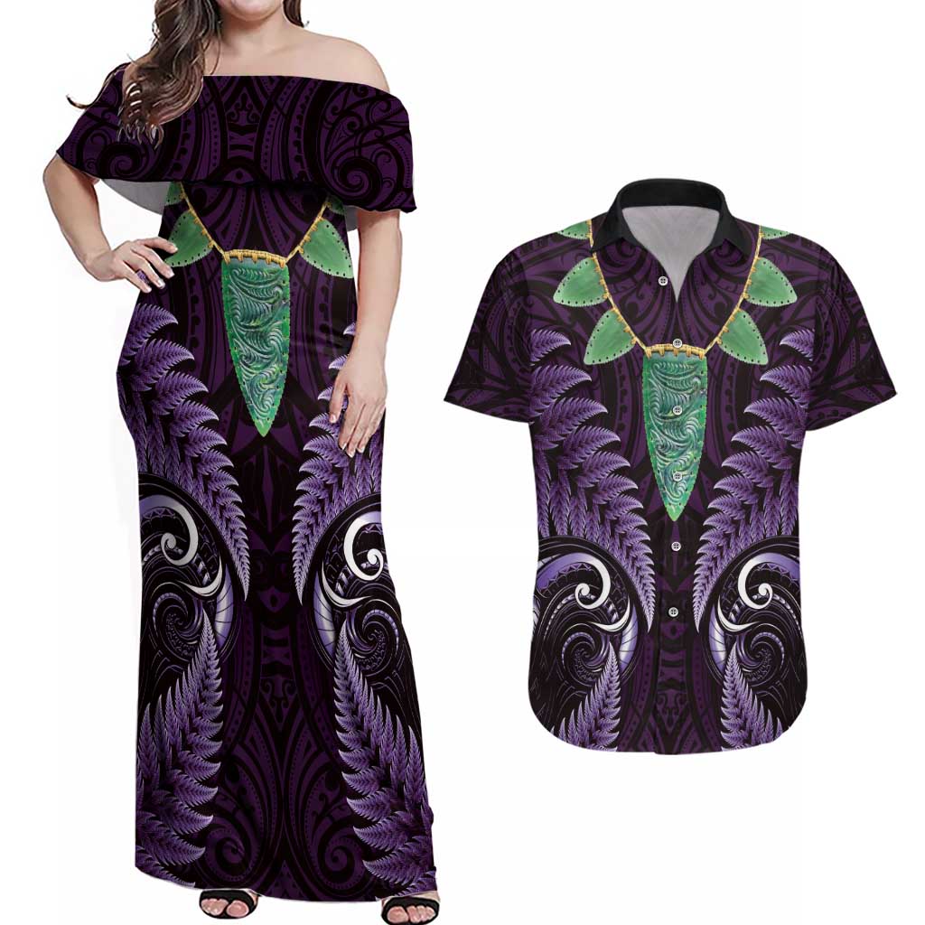 Aotearoa Pounamu Niho Couples Matching Off Shoulder Maxi Dress and Hawaiian Shirt Silver Fern Mix Maori Pattern - Purple