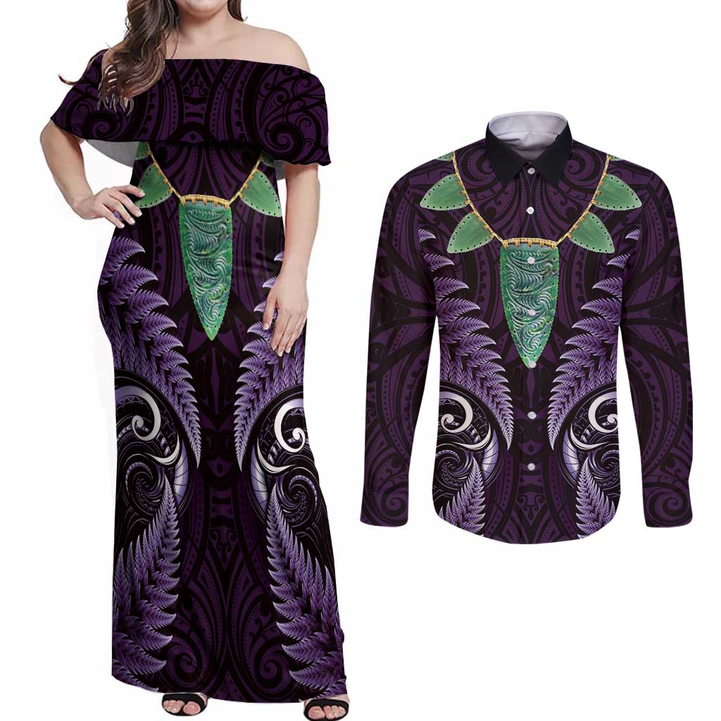 Aotearoa Pounamu Niho Couples Matching Off Shoulder Maxi Dress and Long Sleeve Button Shirt Silver Fern Mix Maori Pattern - Purple LT14 Purple - Polynesian Pride