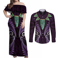 Aotearoa Pounamu Niho Couples Matching Off Shoulder Maxi Dress and Long Sleeve Button Shirt Silver Fern Mix Maori Pattern - Purple LT14 Purple - Polynesian Pride