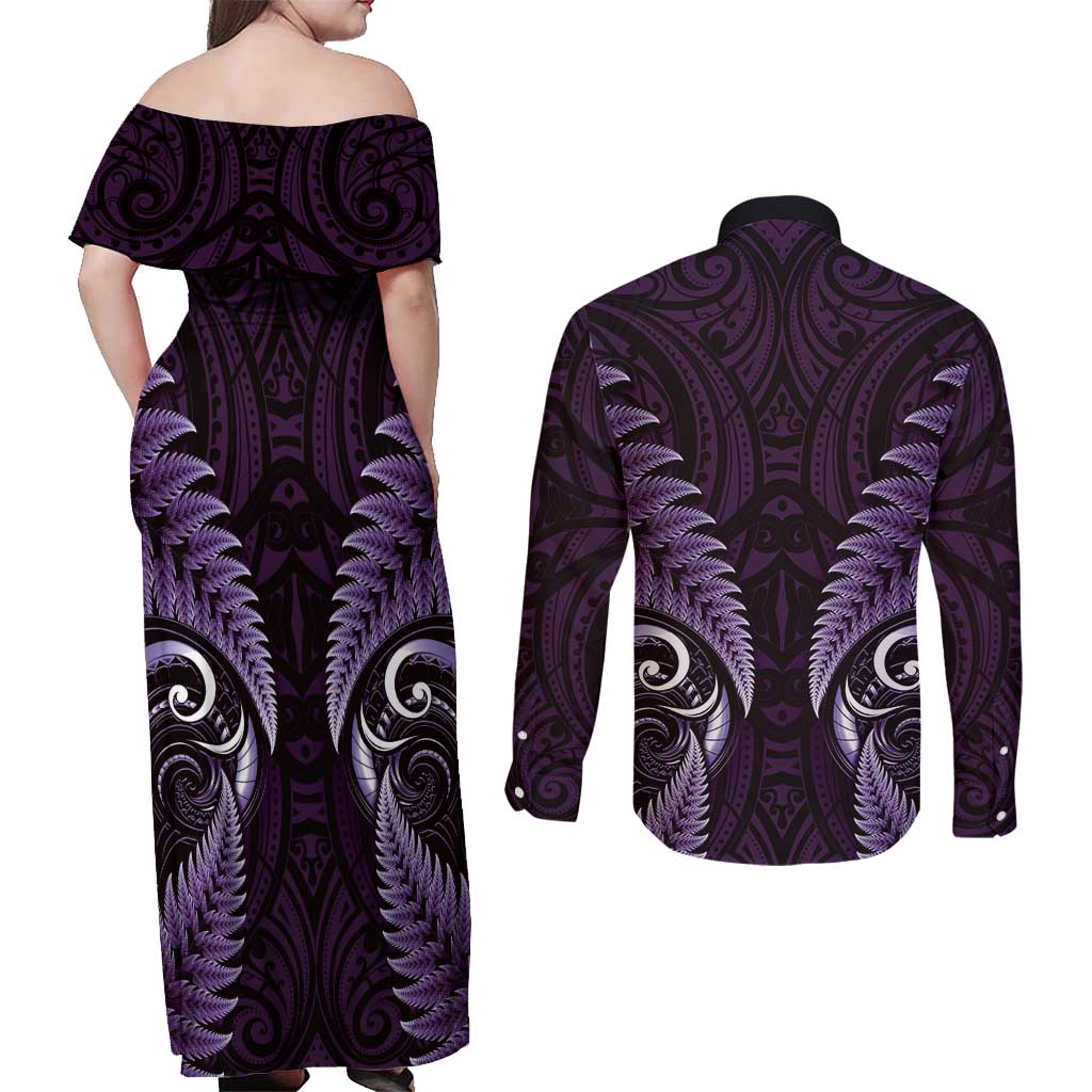 Aotearoa Pounamu Niho Couples Matching Off Shoulder Maxi Dress and Long Sleeve Button Shirt Silver Fern Mix Maori Pattern - Purple LT14 - Polynesian Pride