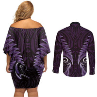 Aotearoa Pounamu Niho Couples Matching Off Shoulder Short Dress and Long Sleeve Button Shirt Silver Fern Mix Maori Pattern - Purple LT14 - Polynesian Pride