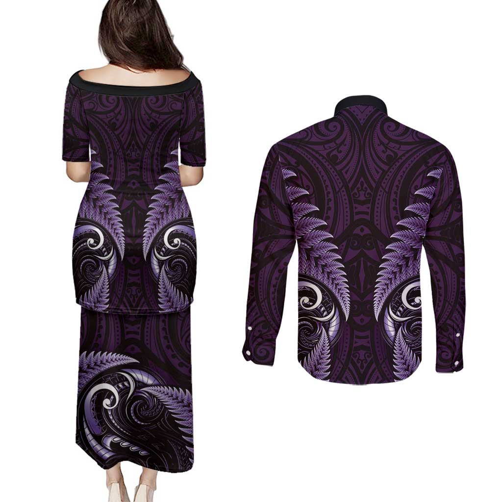 Aotearoa Pounamu Niho Couples Matching Puletasi and Long Sleeve Button Shirt Silver Fern Mix Maori Pattern - Purple LT14 - Polynesian Pride