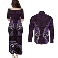 Aotearoa Pounamu Niho Couples Matching Puletasi and Long Sleeve Button Shirt Silver Fern Mix Maori Pattern - Purple LT14 - Polynesian Pride