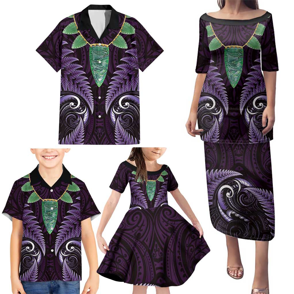 Aotearoa Pounamu Niho Family Matching Puletasi and Hawaiian Shirt Silver Fern Mix Maori Pattern - Purple