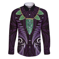 Aotearoa Pounamu Niho Family Matching Puletasi and Hawaiian Shirt Silver Fern Mix Maori Pattern - Purple