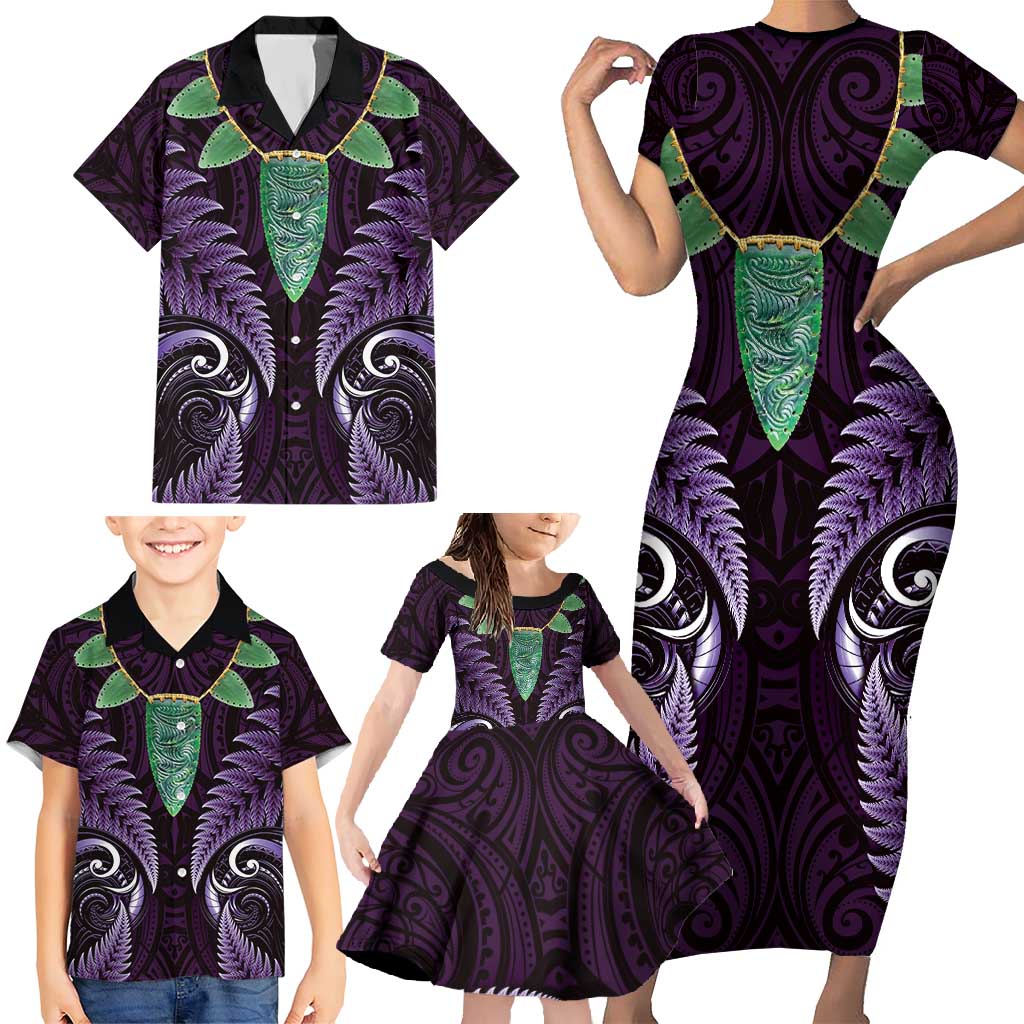 Aotearoa Pounamu Niho Family Matching Short Sleeve Bodycon Dress and Hawaiian Shirt Silver Fern Mix Maori Pattern - Purple