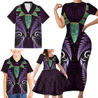 Aotearoa Pounamu Niho Family Matching Short Sleeve Bodycon Dress and Hawaiian Shirt Silver Fern Mix Maori Pattern - Purple