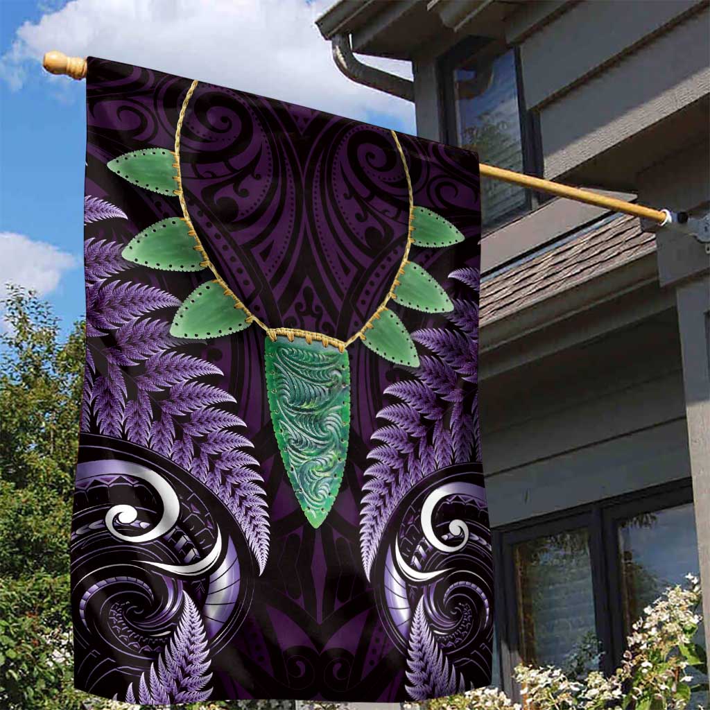 Aotearoa Pounamu Niho Garden Flag Silver Fern Mix Maori Pattern - Purple LT14 - Polynesian Pride