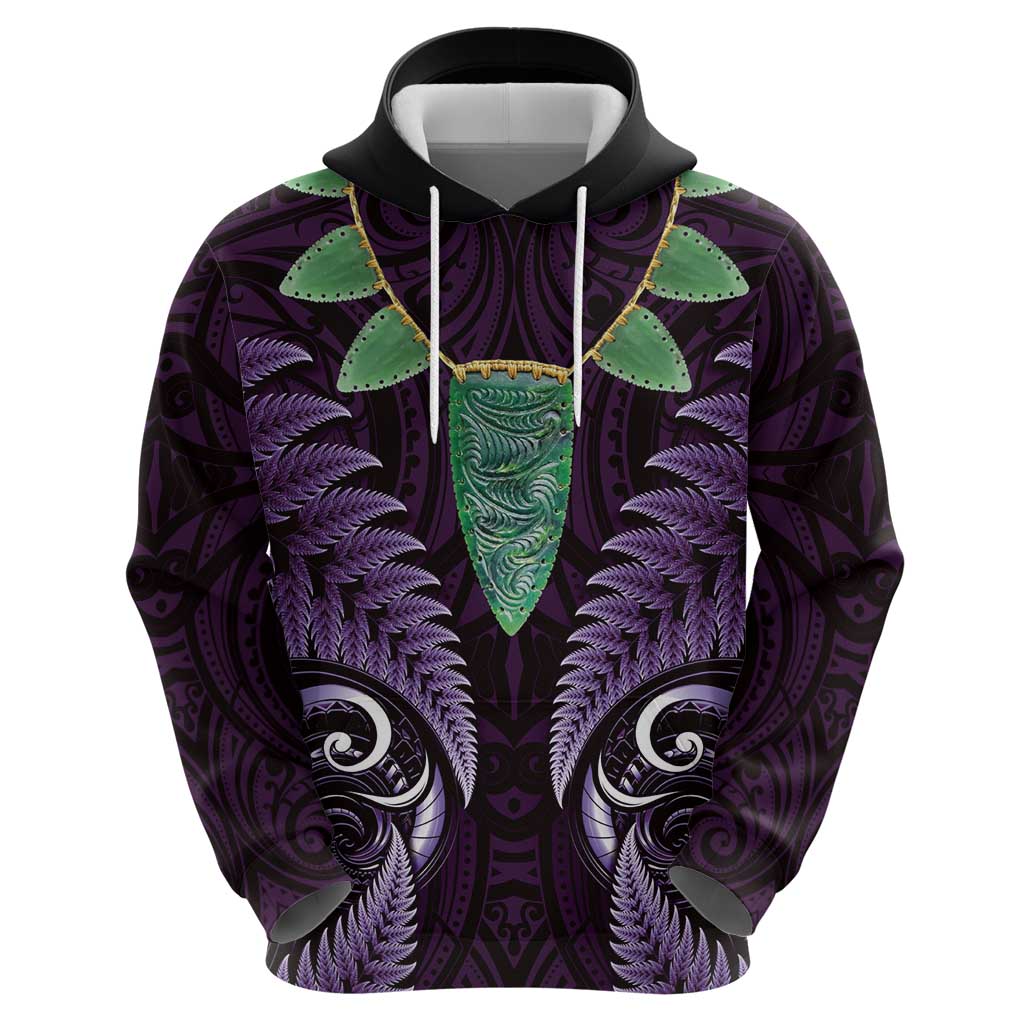 Aotearoa Pounamu Niho Hoodie Silver Fern Mix Maori Pattern - Purple
