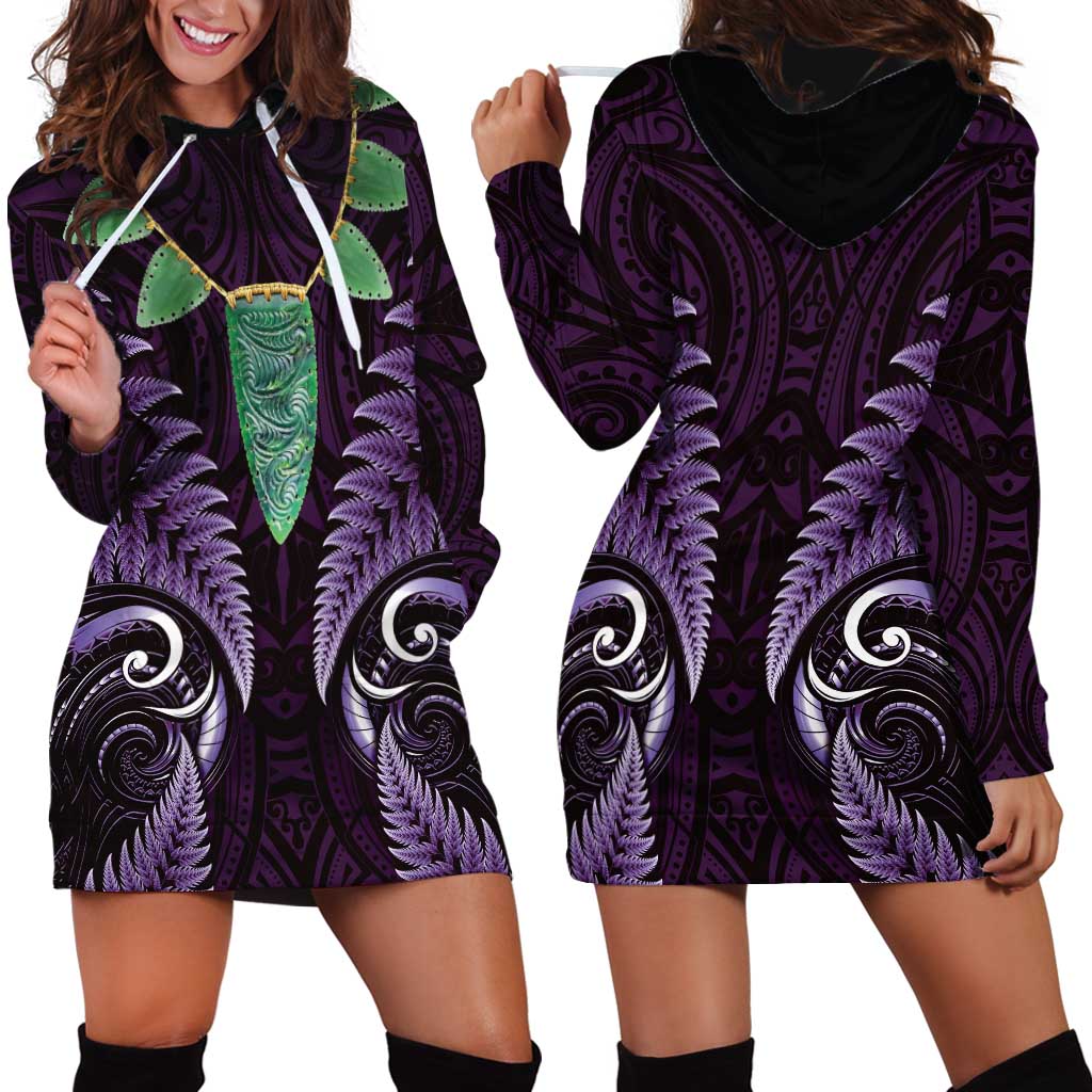 Aotearoa Pounamu Niho Hoodie Dress Silver Fern Mix Maori Pattern - Purple LT14 - Polynesian Pride