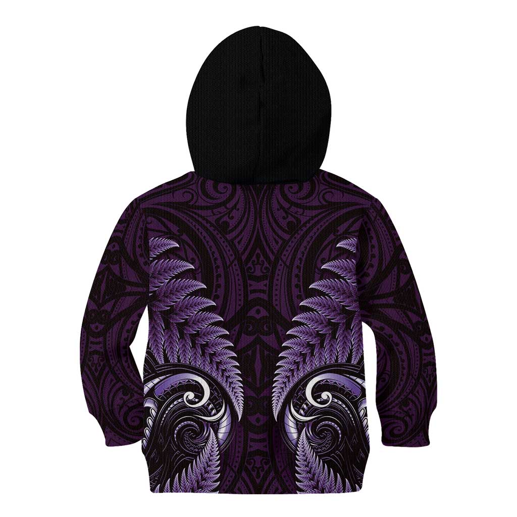 Aotearoa Pounamu Niho Kid Hoodie Silver Fern Mix Maori Pattern - Purple