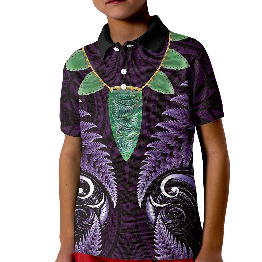 Aotearoa Pounamu Niho Kid Polo Shirt Silver Fern Mix Maori Pattern - Purple