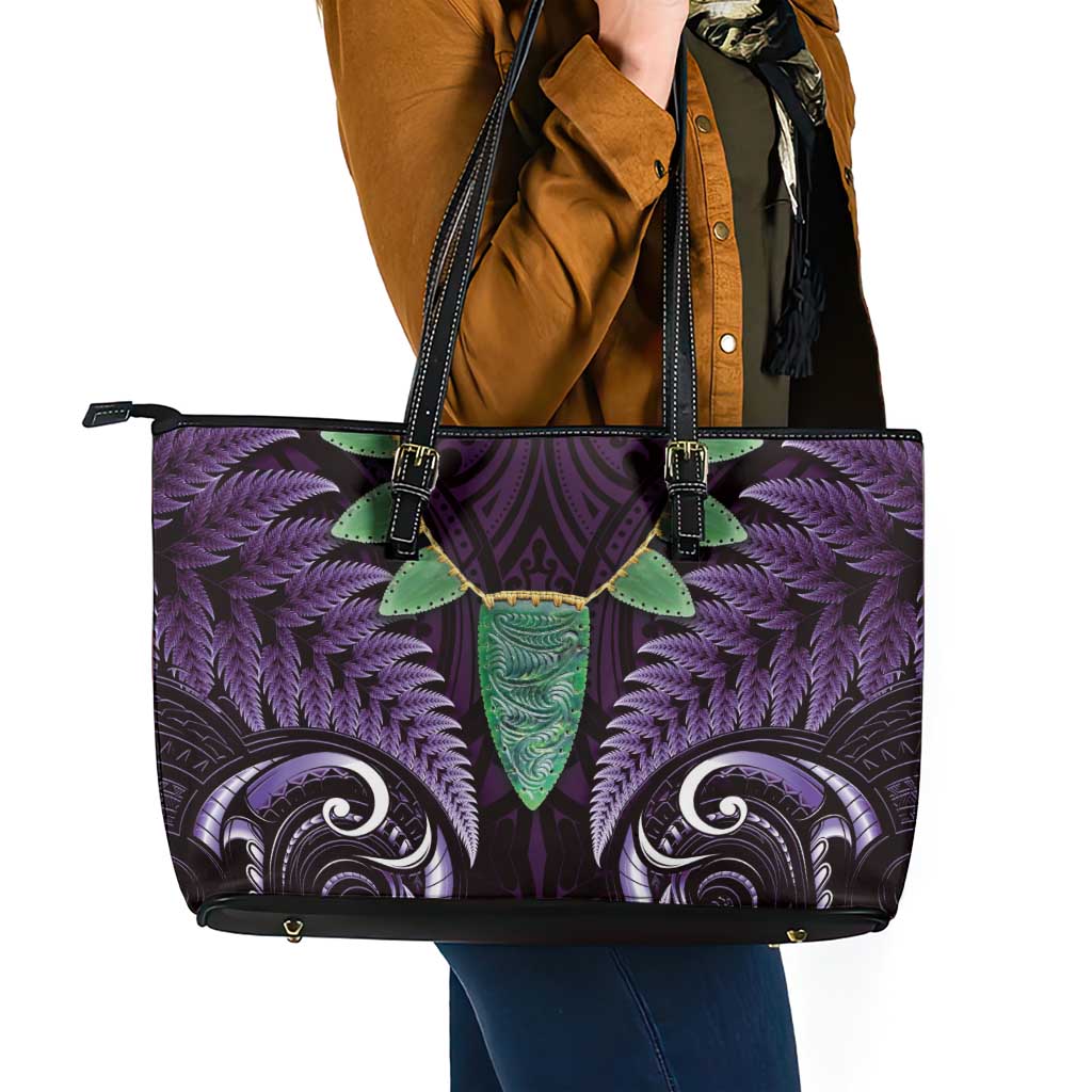 Aotearoa Pounamu Niho Leather Tote Bag Silver Fern Mix Maori Pattern - Purple LT14 - Polynesian Pride