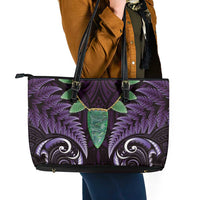 Aotearoa Pounamu Niho Leather Tote Bag Silver Fern Mix Maori Pattern - Purple LT14 - Polynesian Pride