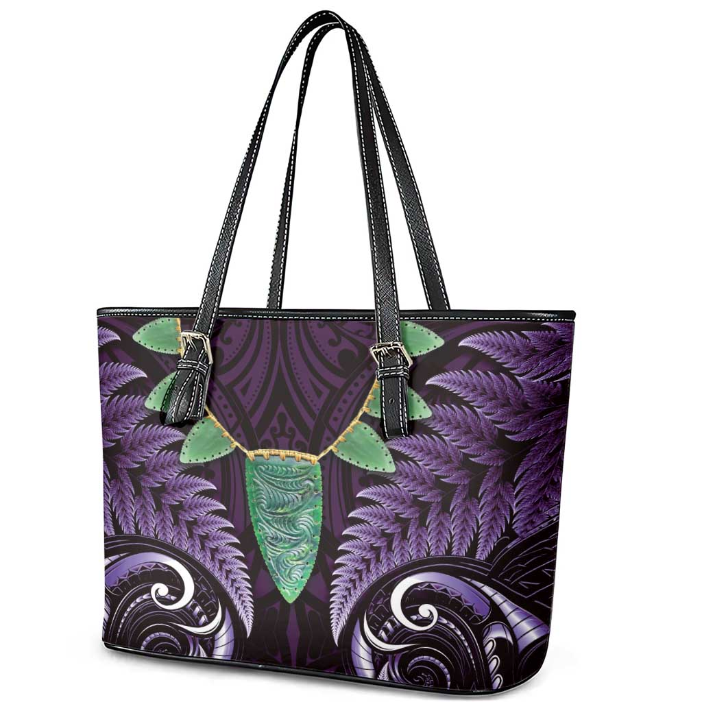 Aotearoa Pounamu Niho Leather Tote Bag Silver Fern Mix Maori Pattern - Purple LT14 - Polynesian Pride