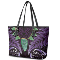 Aotearoa Pounamu Niho Leather Tote Bag Silver Fern Mix Maori Pattern - Purple LT14 - Polynesian Pride