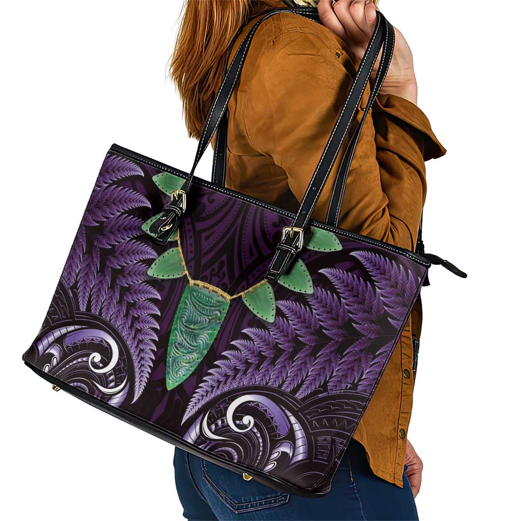 Aotearoa Pounamu Niho Leather Tote Bag Silver Fern Mix Maori Pattern - Purple LT14 - Polynesian Pride