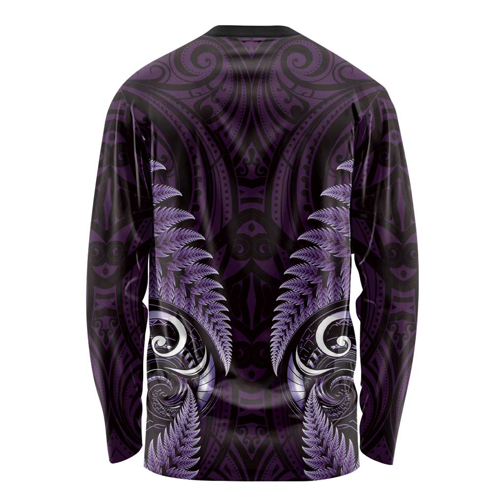 Aotearoa Pounamu Niho Long Sleeve Shirt Silver Fern Mix Maori Pattern - Purple