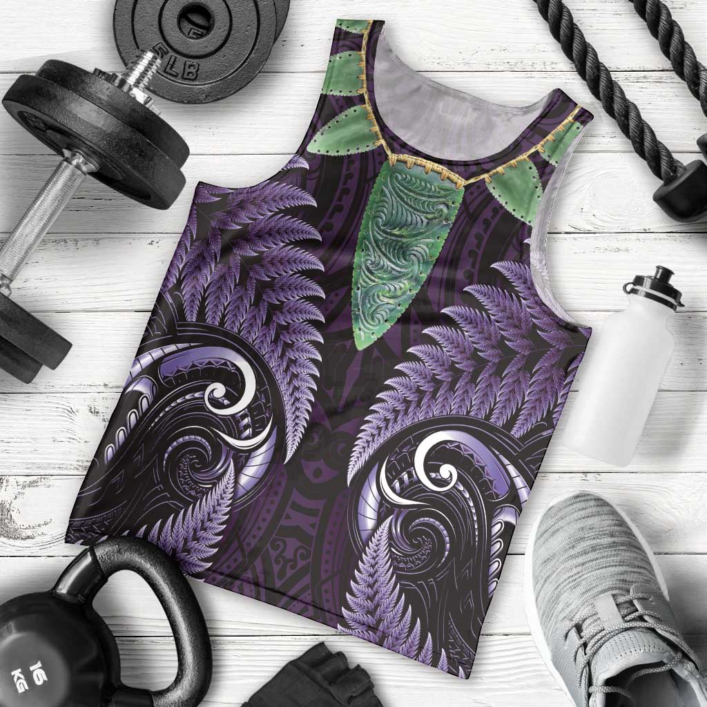 Aotearoa Pounamu Niho Men Tank Top Silver Fern Mix Maori Pattern - Purple LT14 - Polynesian Pride