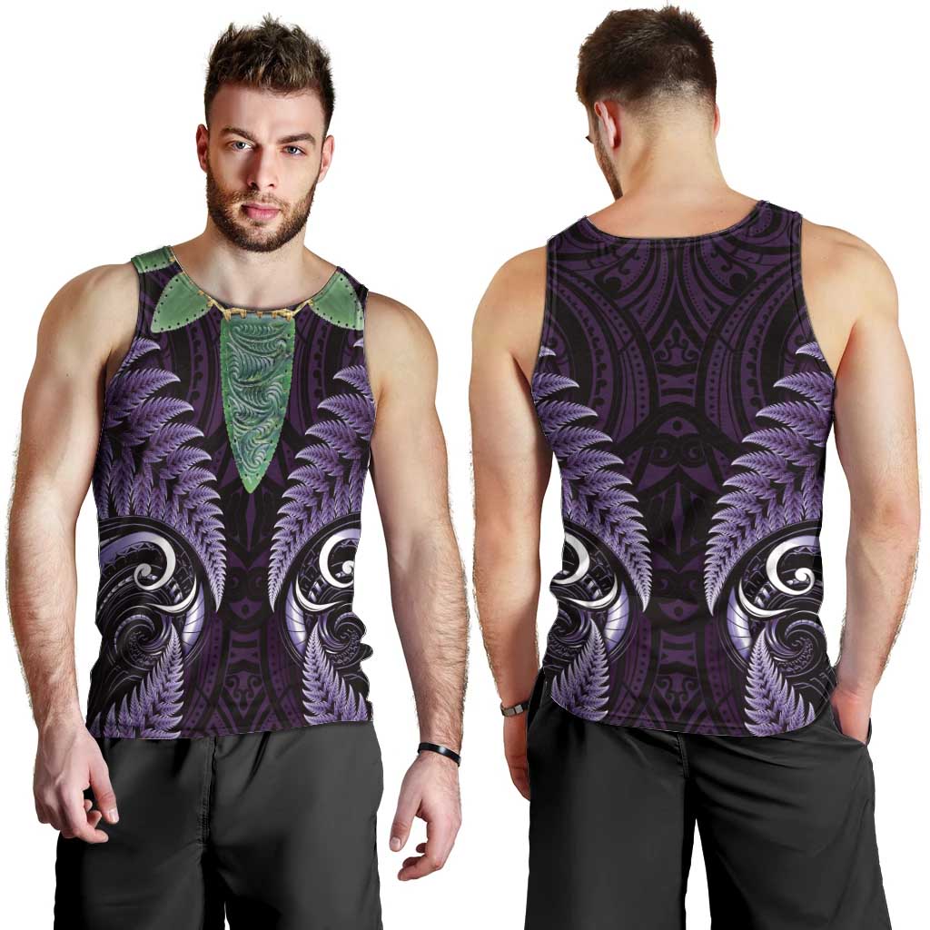 Aotearoa Pounamu Niho Men Tank Top Silver Fern Mix Maori Pattern - Purple LT14 - Polynesian Pride