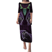 Aotearoa Pounamu Niho Puletasi Silver Fern Mix Maori Pattern - Purple LT14 Long Dress Purple - Polynesian Pride