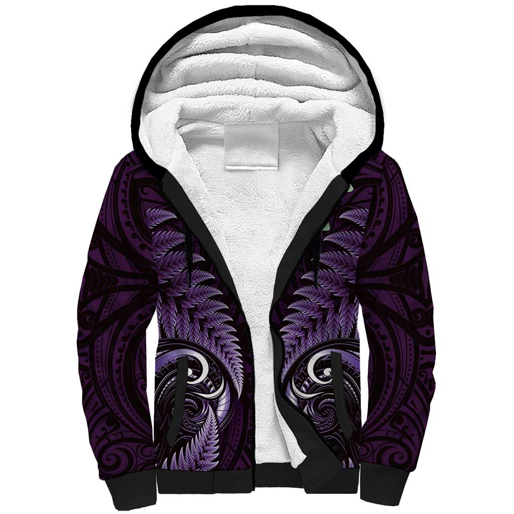 Aotearoa Pounamu Niho Sherpa Hoodie Silver Fern Mix Maori Pattern - Purple LT14 Unisex Purple - Polynesian Pride