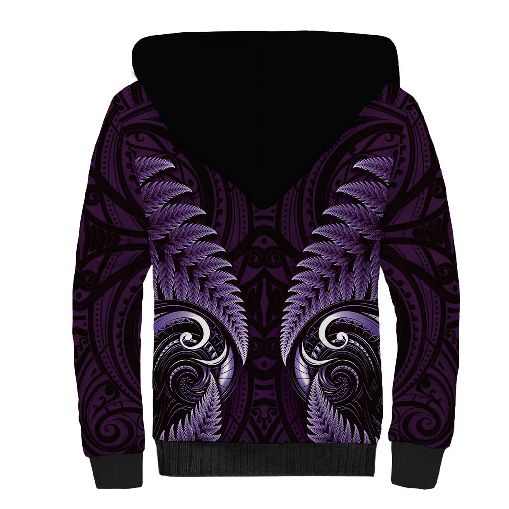 Aotearoa Pounamu Niho Sherpa Hoodie Silver Fern Mix Maori Pattern - Purple LT14 - Polynesian Pride
