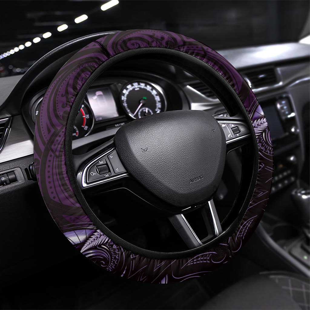 Aotearoa Pounamu Niho Steering Wheel Cover Silver Fern Mix Maori Pattern - Purple LT14 Universal Fit Purple - Polynesian Pride