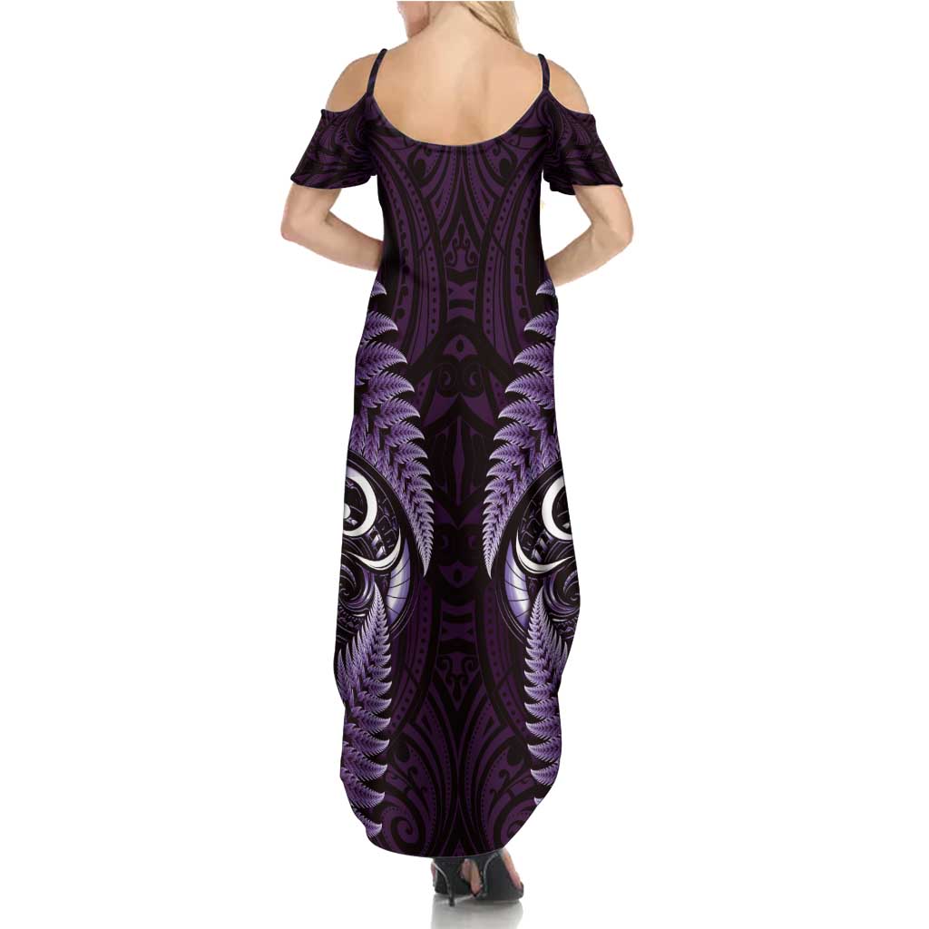 Aotearoa Pounamu Niho Summer Maxi Dress Silver Fern Mix Maori Pattern - Purple LT14 - Polynesian Pride