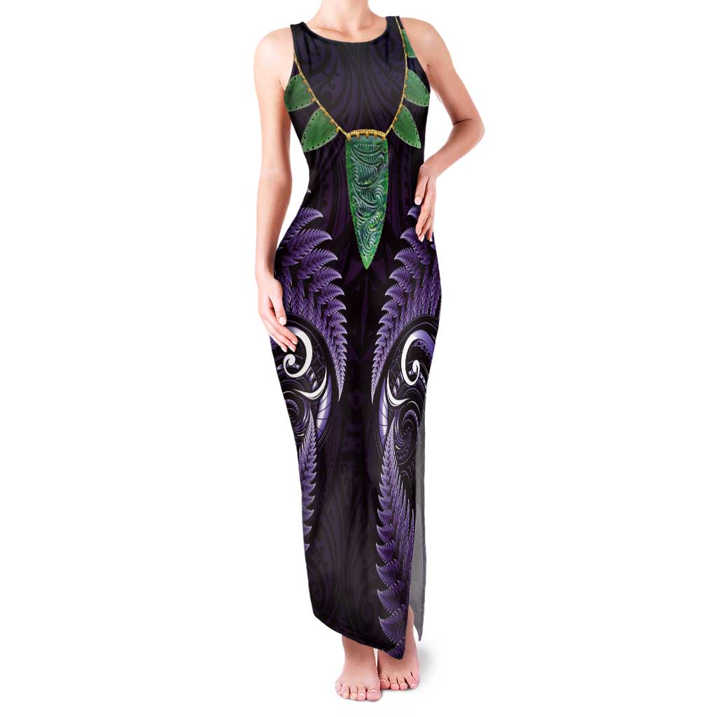 Aotearoa Pounamu Niho Tank Maxi Dress Silver Fern Mix Maori Pattern - Purple LT14 Women Purple - Polynesian Pride