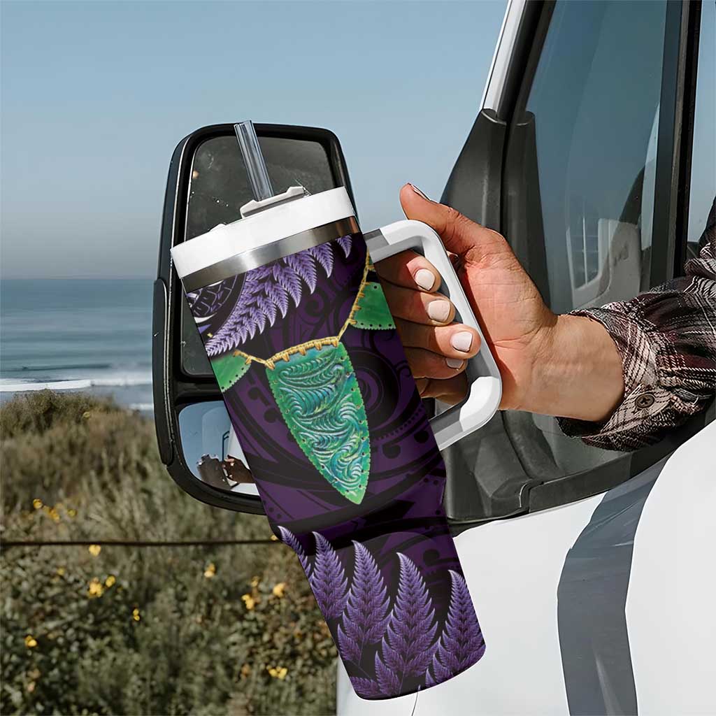 Aotearoa Pounamu Niho Tumbler With Handle Silver Fern Mix Maori Pattern - Purple LT14 - Polynesian Pride
