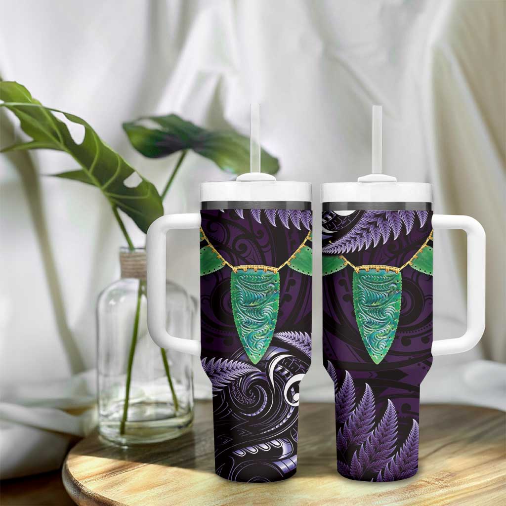 Aotearoa Pounamu Niho Tumbler With Handle Silver Fern Mix Maori Pattern - Purple LT14 - Polynesian Pride