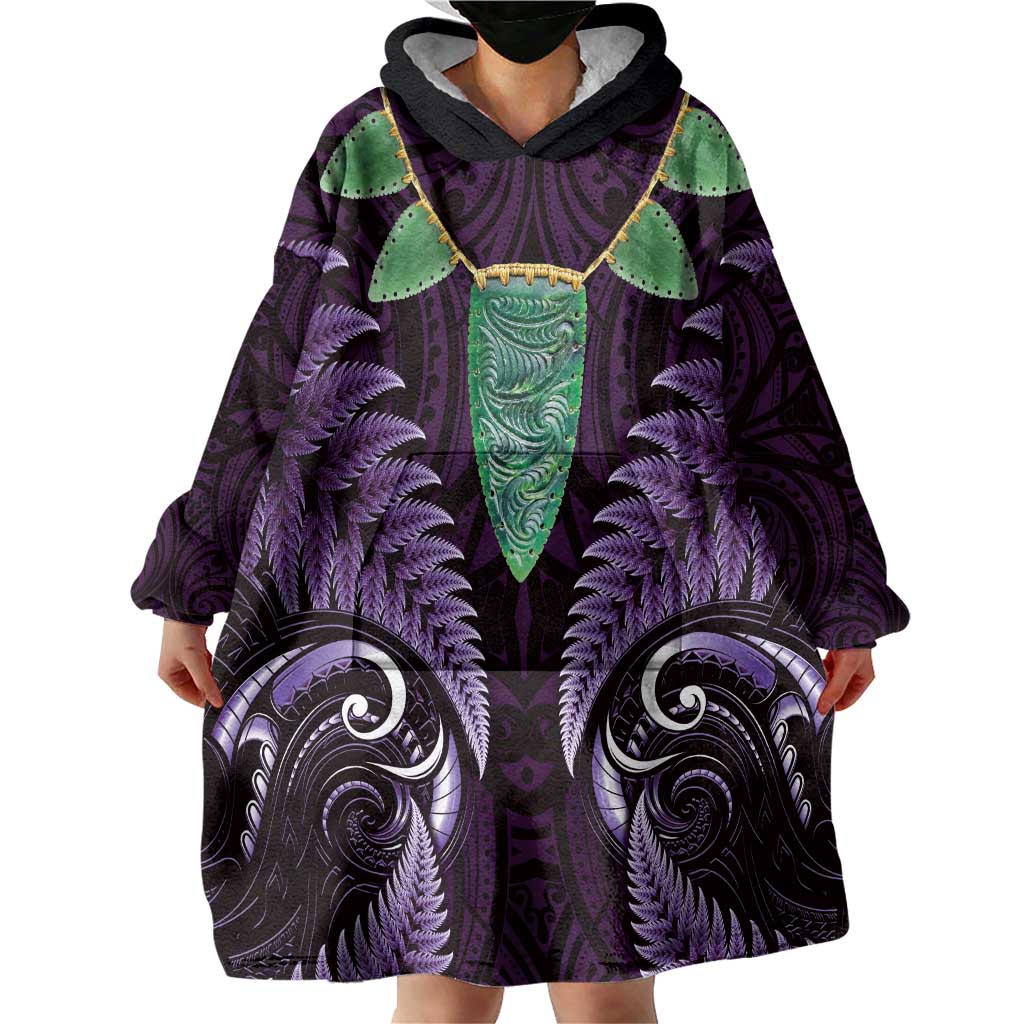 Aotearoa Pounamu Niho Wearable Blanket Hoodie Silver Fern Mix Maori Pattern - Purple LT14 - Polynesian Pride
