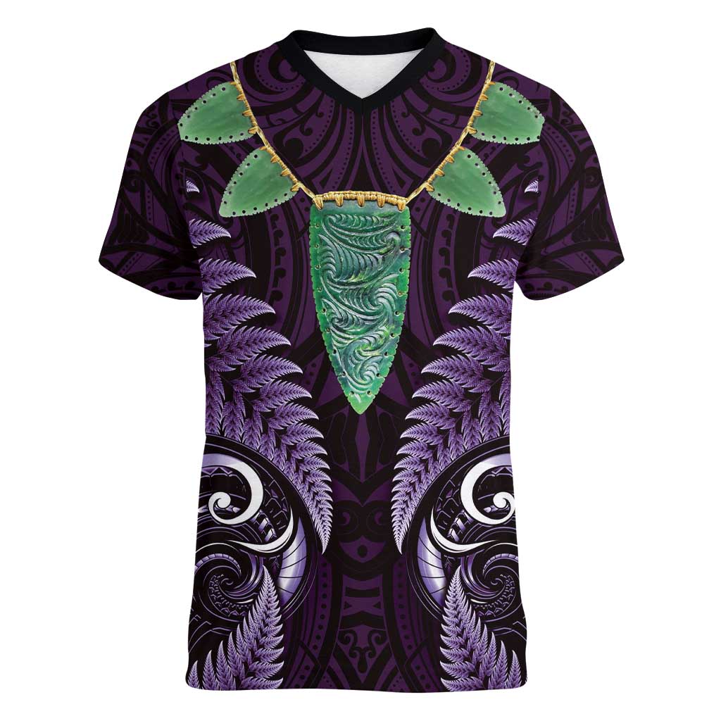 Aotearoa Pounamu Niho Women V-Neck T-Shirt Silver Fern Mix Maori Pattern - Purple LT14 Female Purple - Polynesian Pride