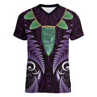Aotearoa Pounamu Niho Women V-Neck T-Shirt Silver Fern Mix Maori Pattern - Purple LT14 Female Purple - Polynesian Pride