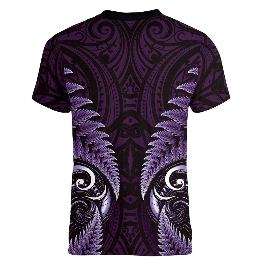 Aotearoa Pounamu Niho Women V-Neck T-Shirt Silver Fern Mix Maori Pattern - Purple LT14 - Polynesian Pride